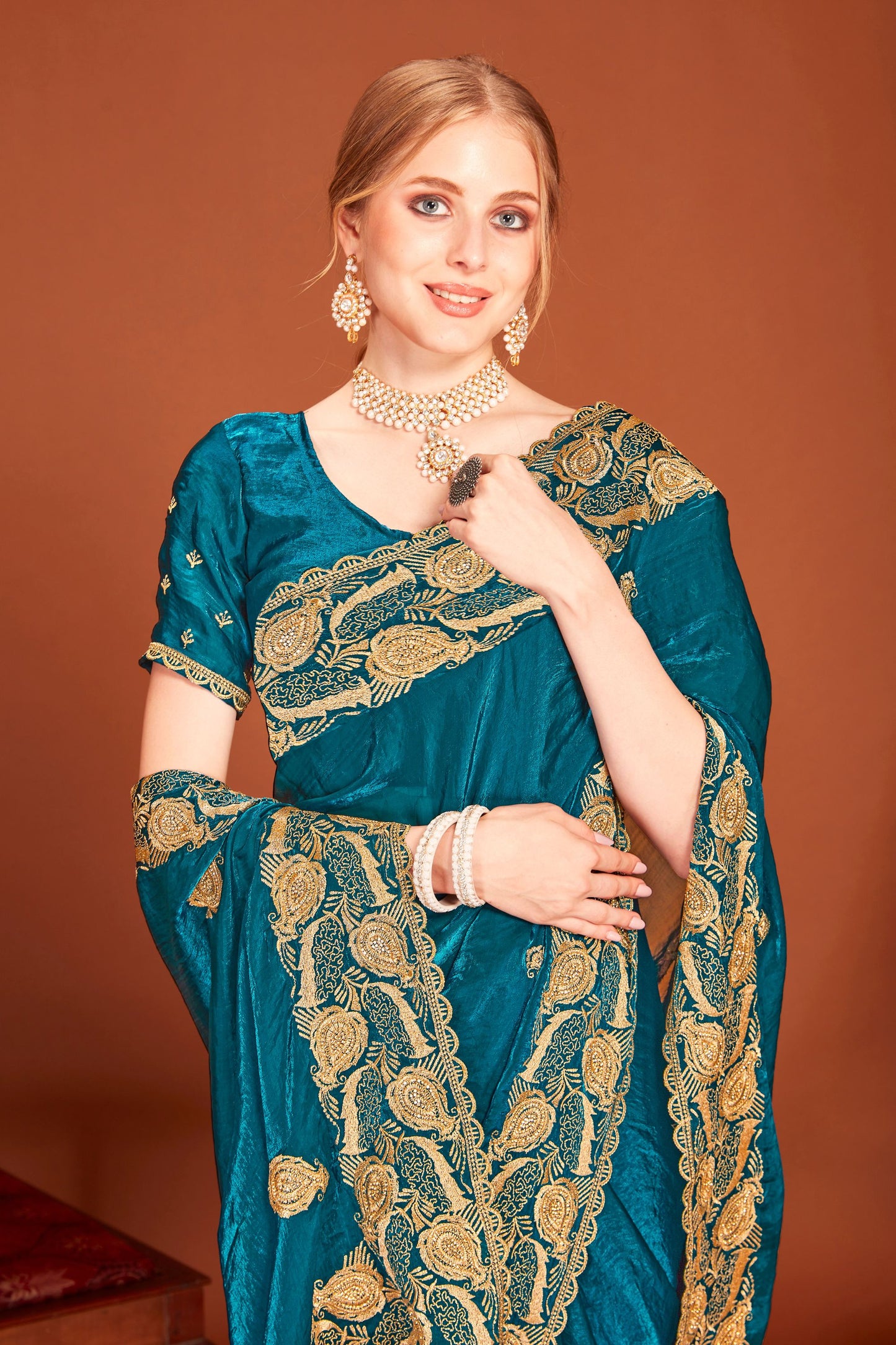 Teal Blue Silk Saree Matching Blouse Designer Wedding Party Wear Saree