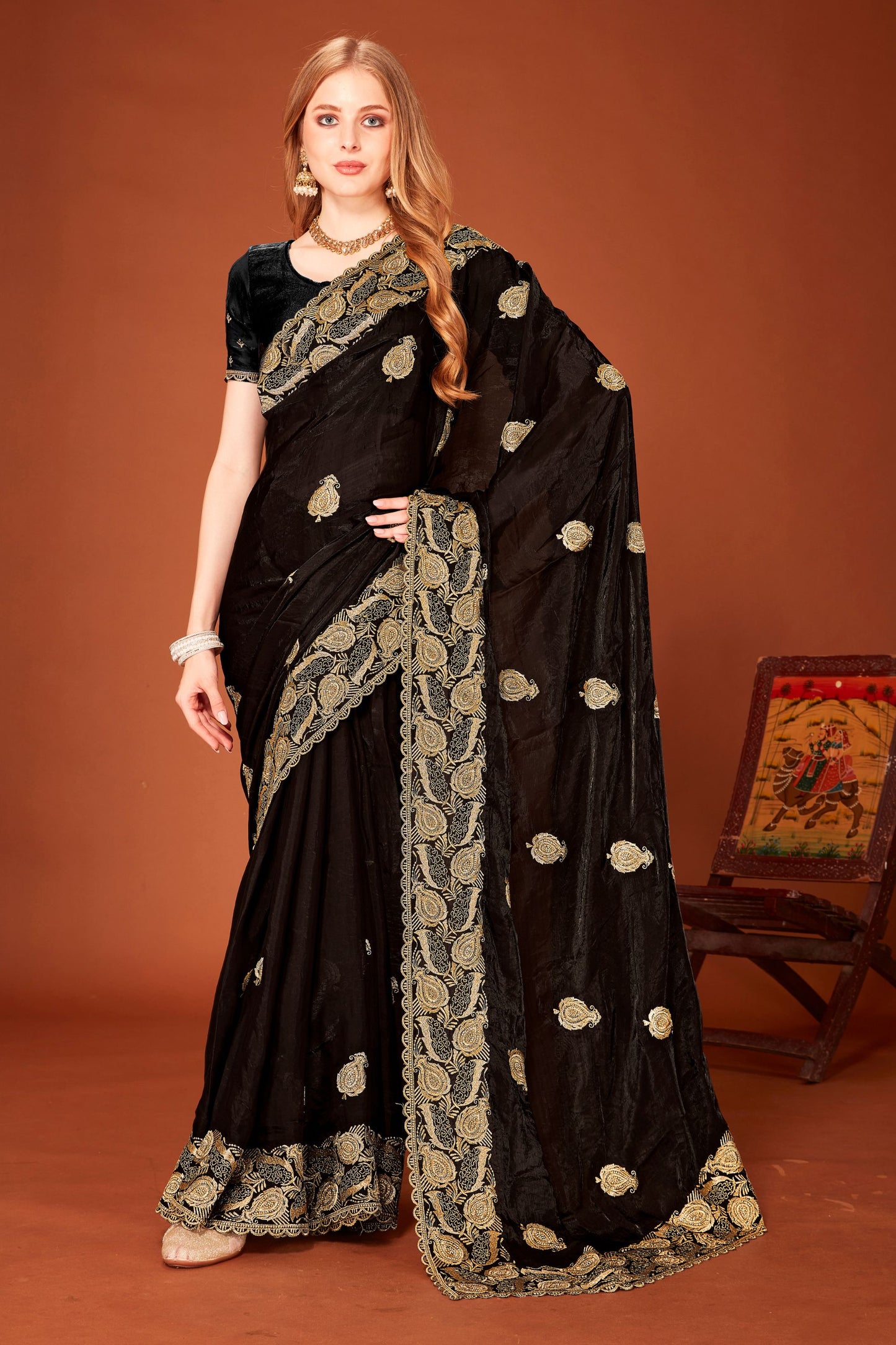 Elegant Black Silk Saree Designer Border Wedding Party Wear Saree