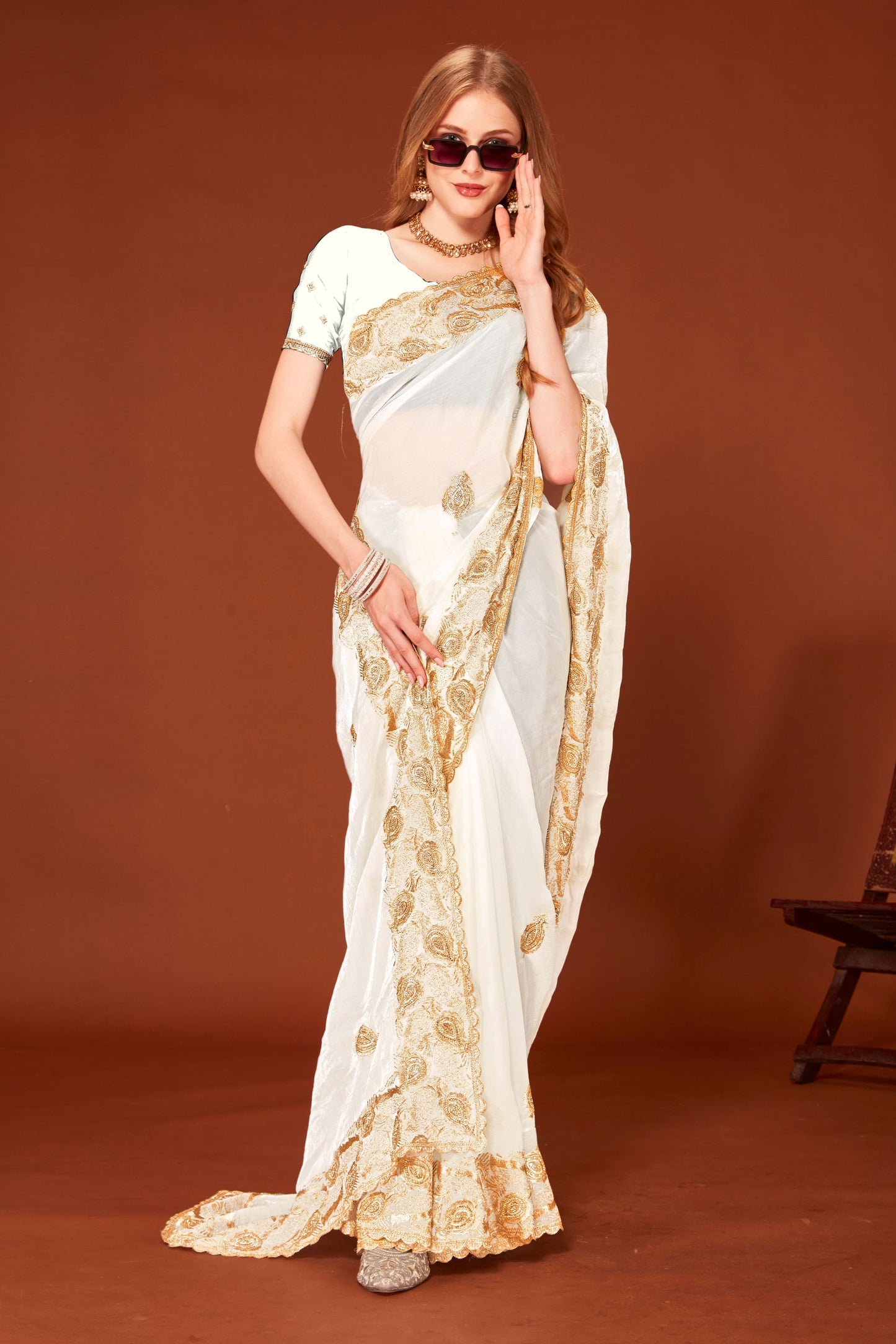Elegant White Silk Saree Designer Border Wedding, Party & Festive Wear