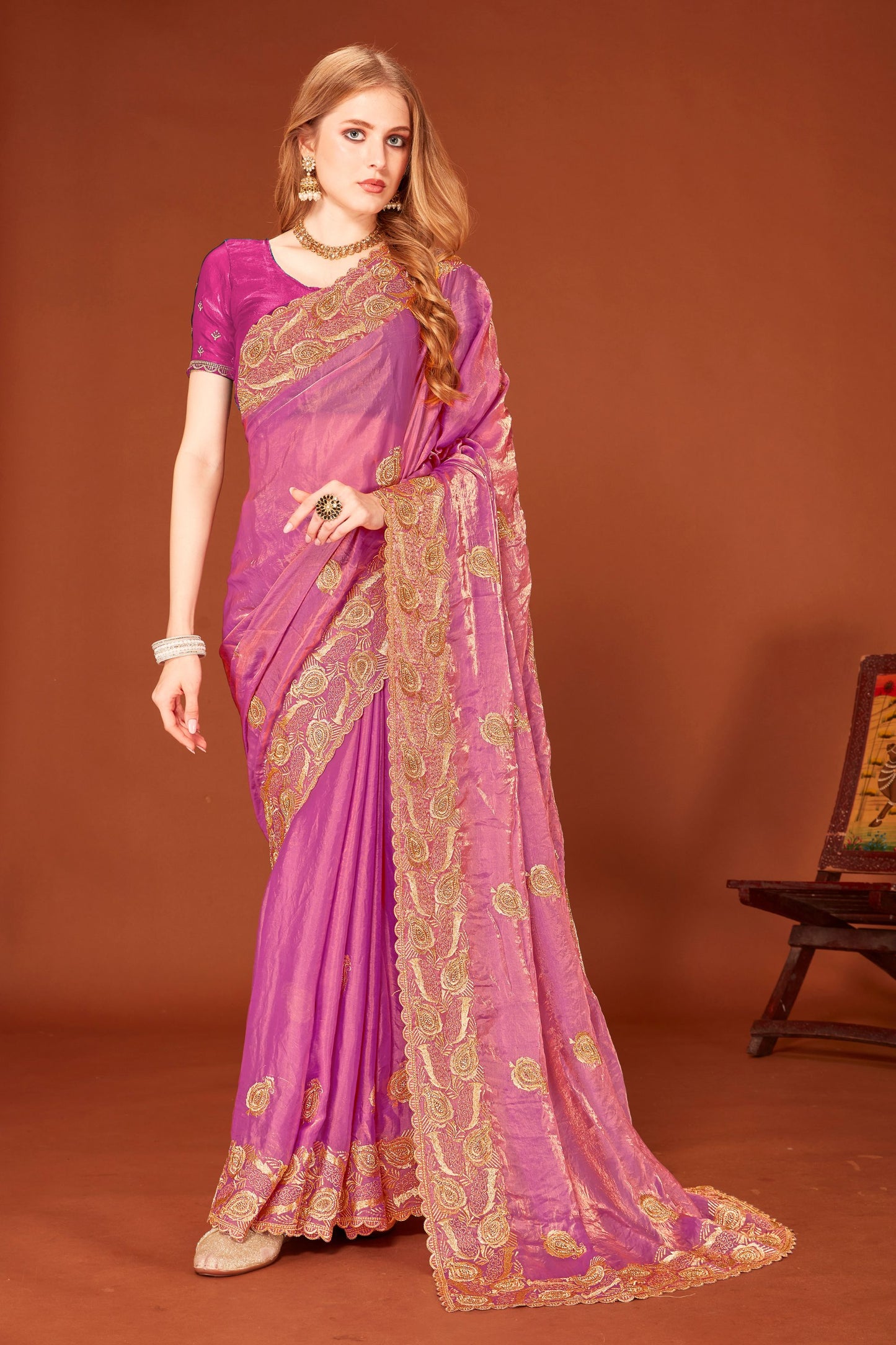 Designer Purple Organza Saree Wedding Party Wear Saree