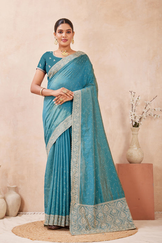 Teal Blue Embroidered Silk Saree with Zari Border Blouse