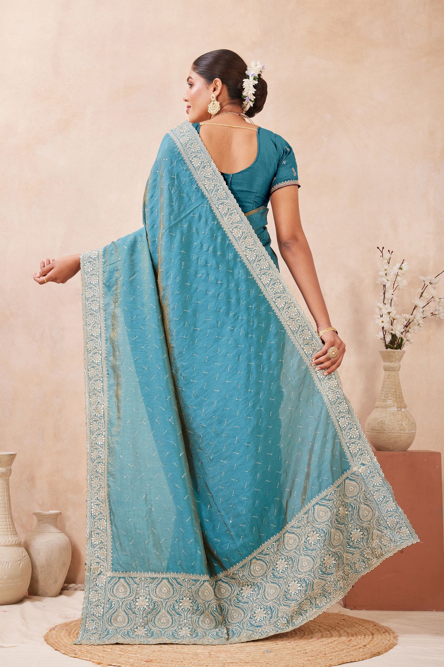 Teal Blue Embroidered Silk Saree with Zari Border Blouse
