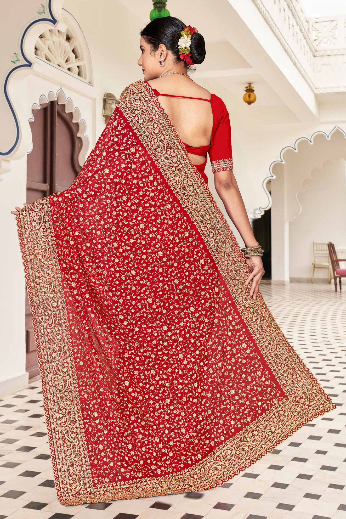 Red Embroidered Saree Heavy Zari Designer Saree with Blouse Piece