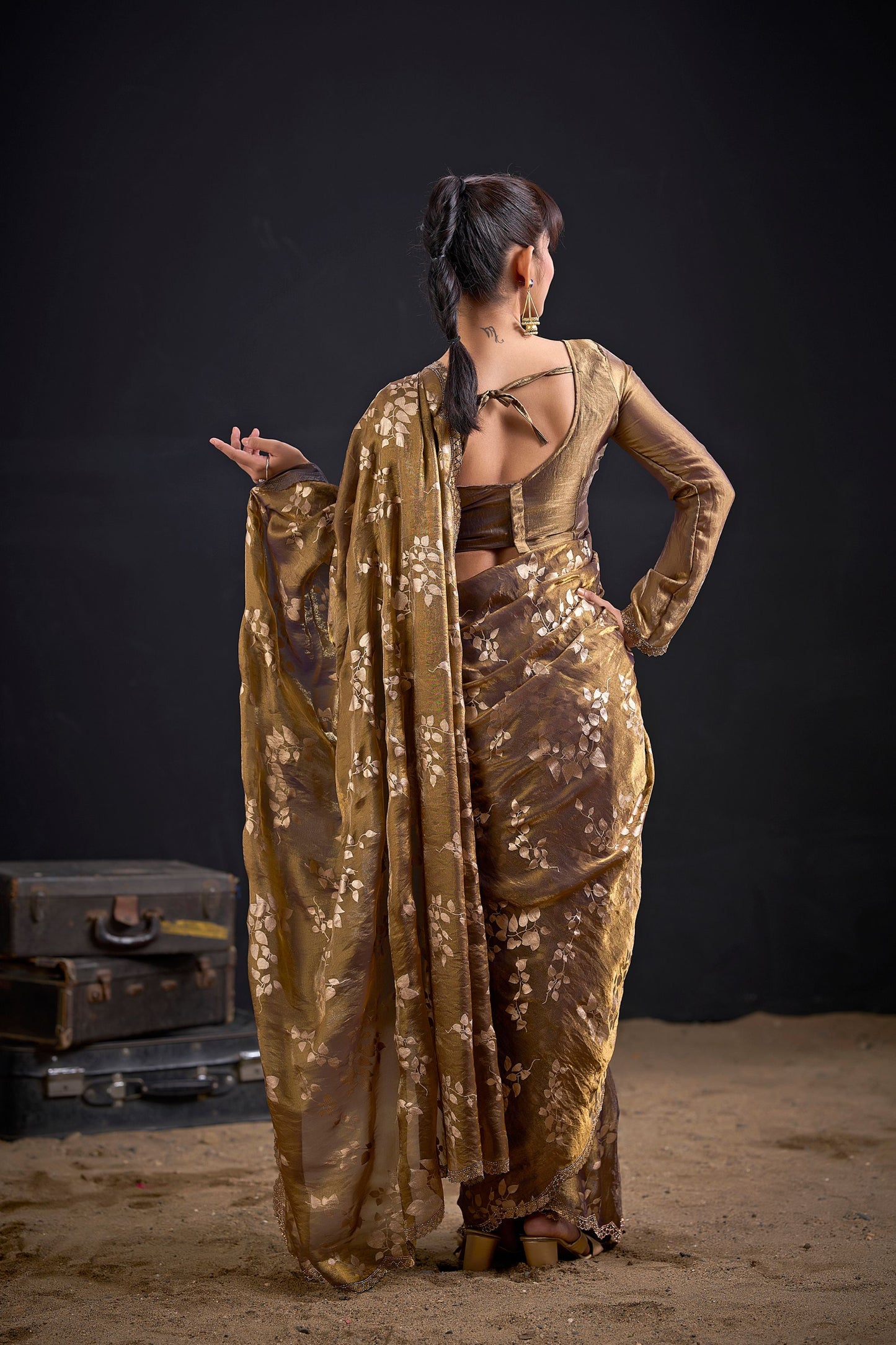 Golden Brown Satin Silk Saree with Floral Print Designer Blouse