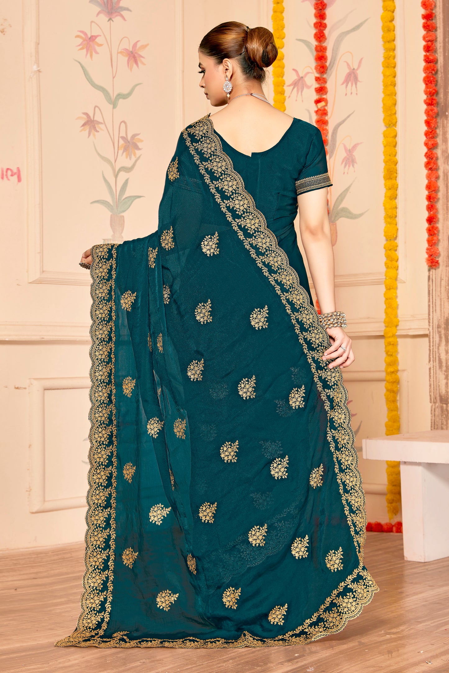 Elegant Teal Green  Saree with Golden Designer Blouse