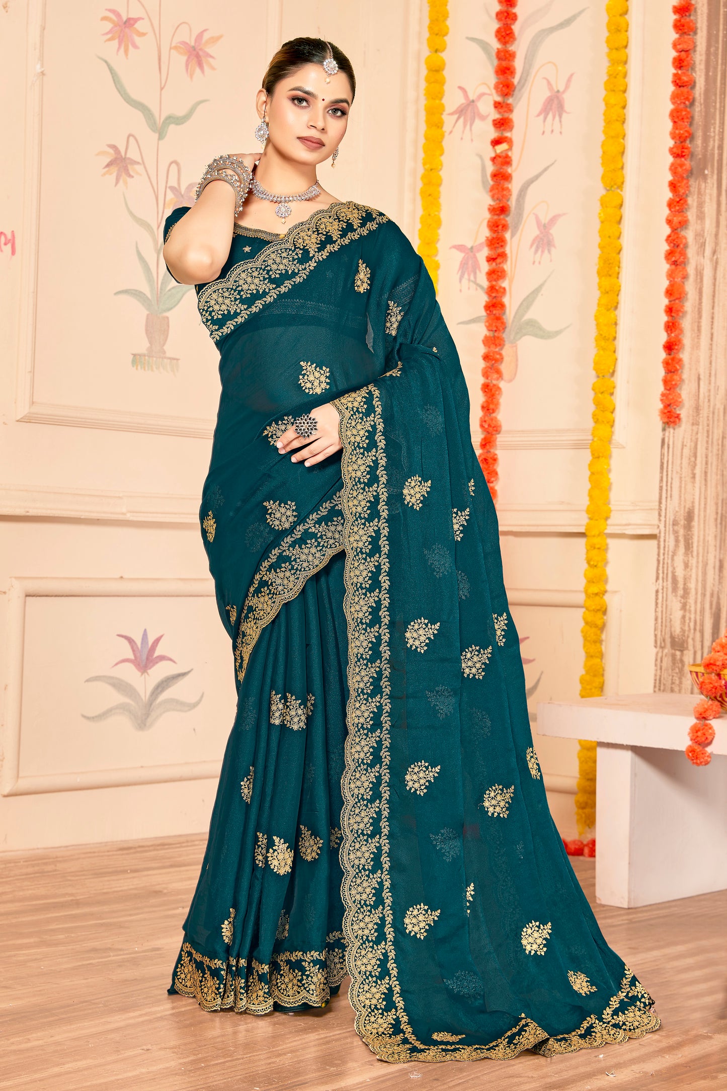 Elegant Teal Green  Saree with Golden Designer Blouse