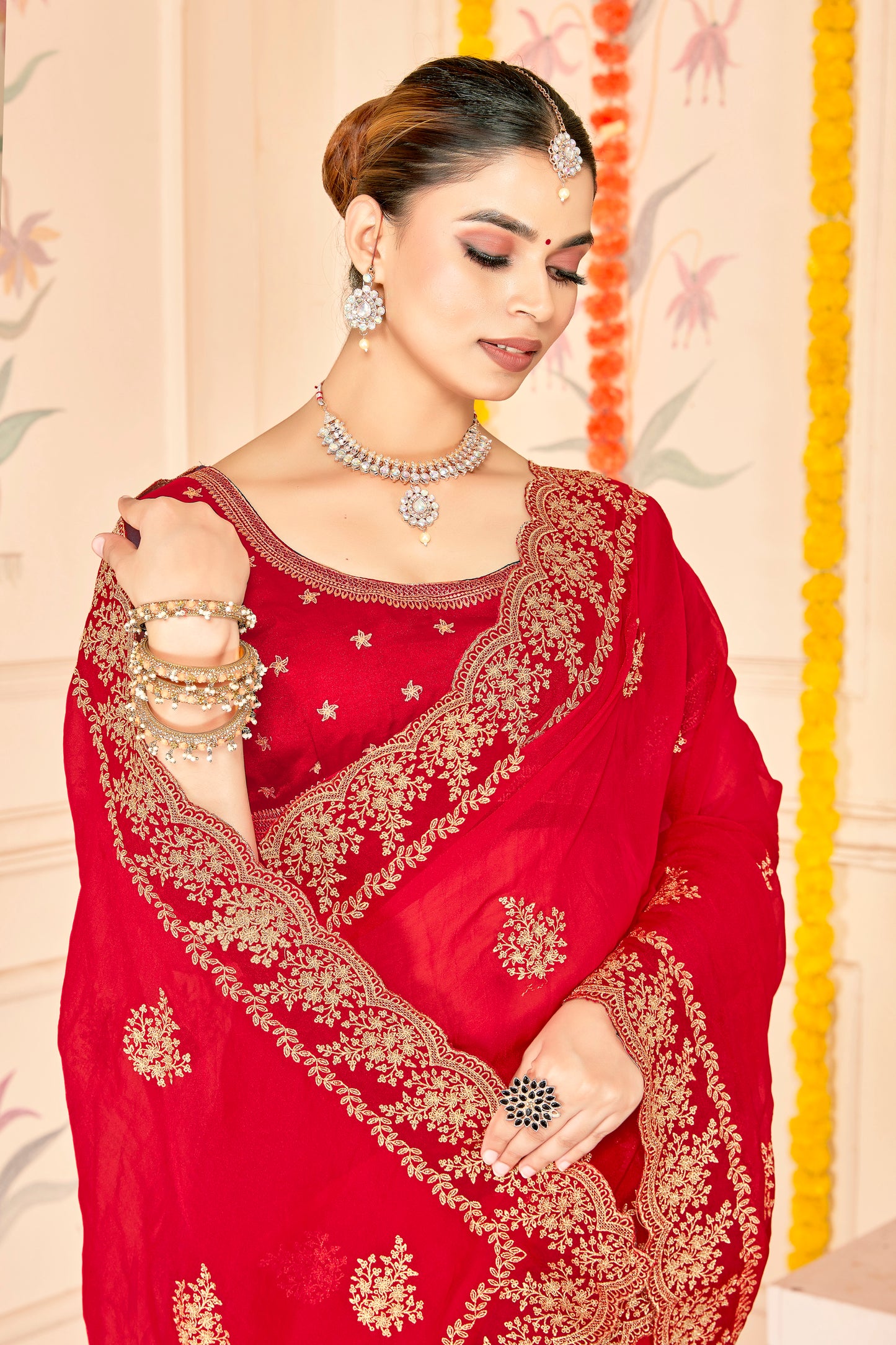 Stunning Red Saree with Golden Designer Blouse