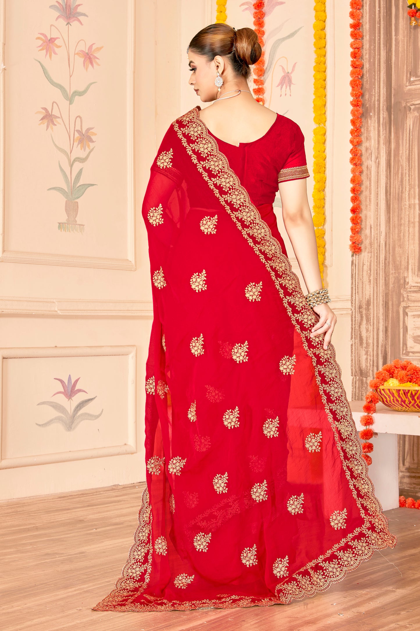 Stunning Red Saree with Golden Designer Blouse