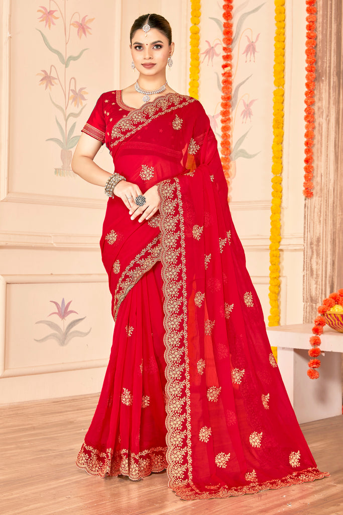Stunning Red Saree with Golden Designer Blouse