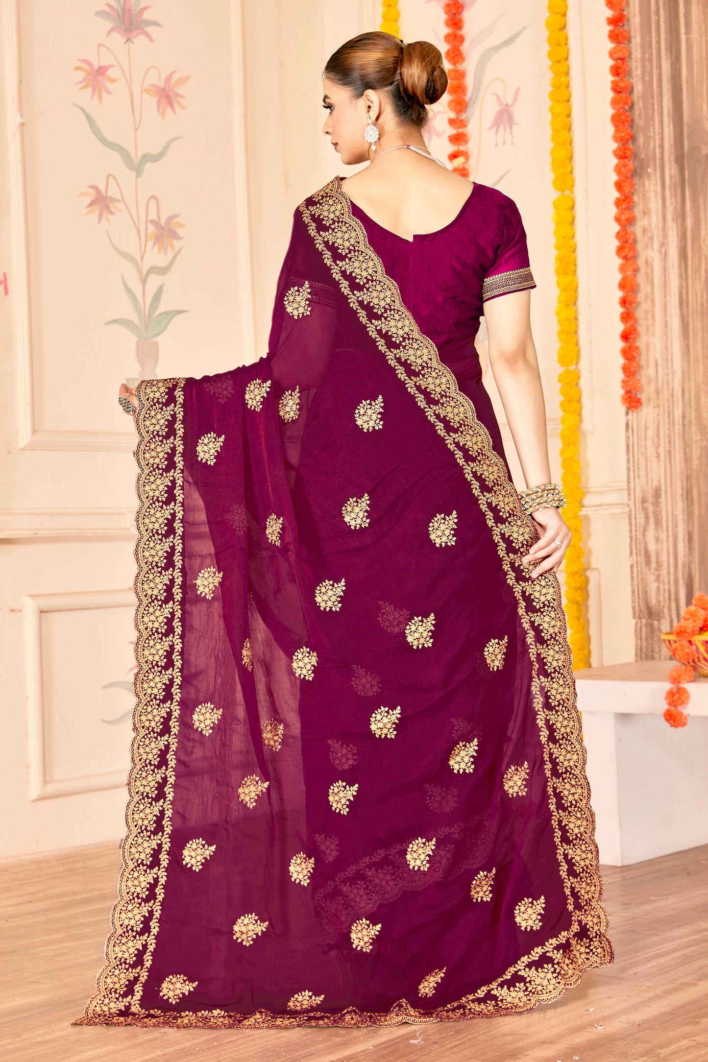 Designer Purple Saree with Golden  Blouse Piece Party  Wear