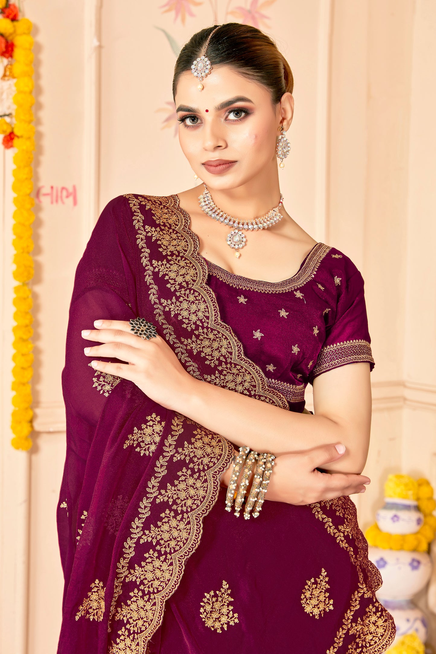 Designer Purple Saree with Golden  Blouse Piece Party  Wear