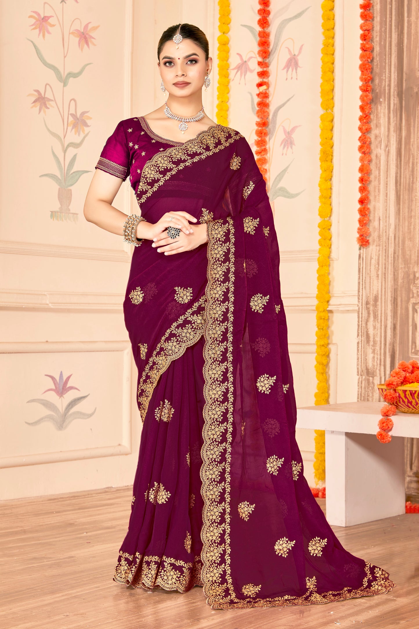 Designer Purple Saree with Golden  Blouse Piece Party  Wear