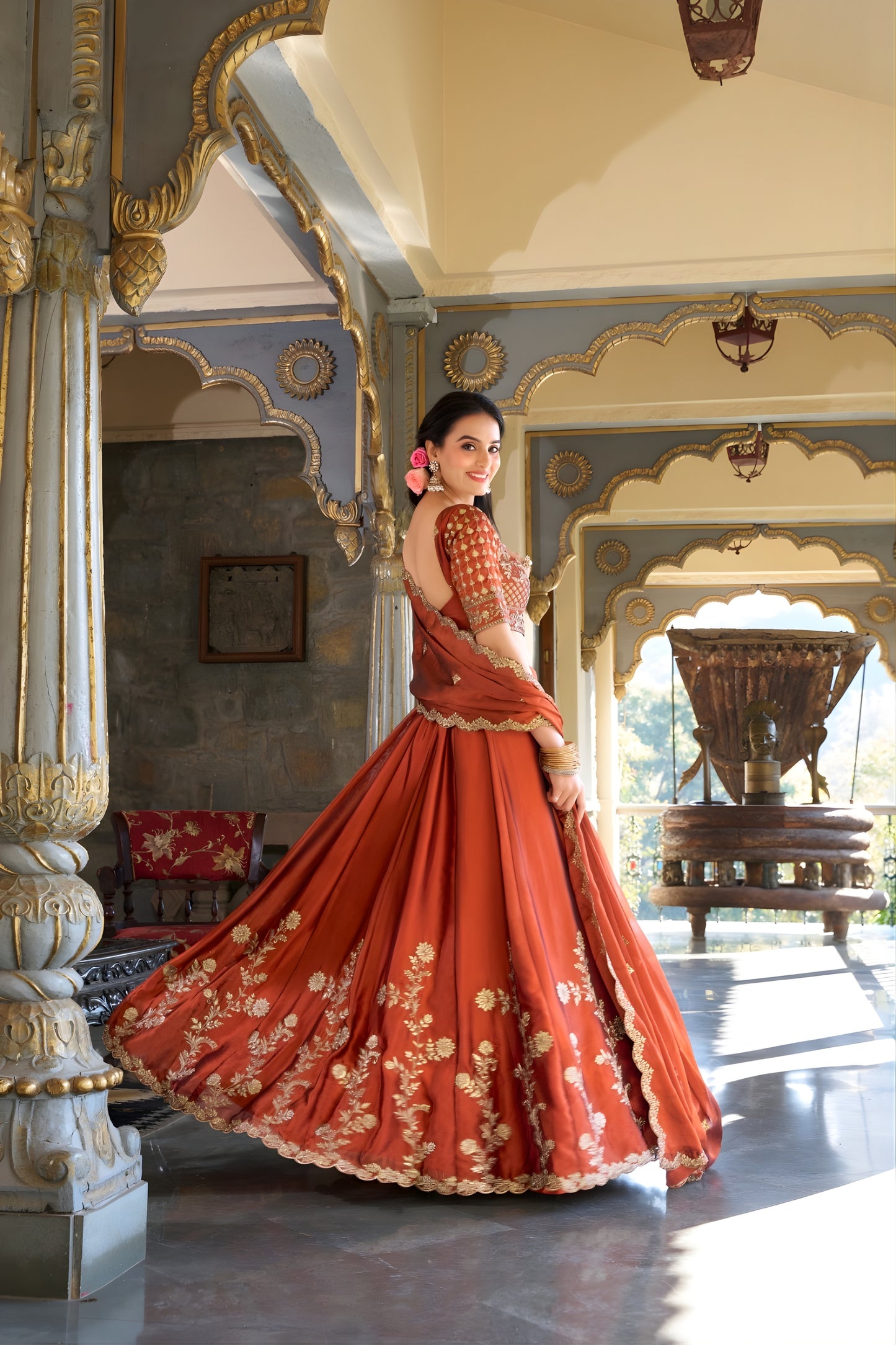 Beautiful Rust Orange Rangoli Silk Embroidered Lehenga Choli Set with Dupatta for Women