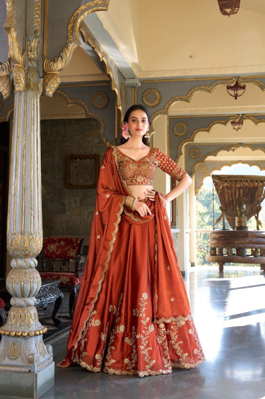 Beautiful Rust Orange Rangoli Silk Embroidered Lehenga Choli Set with Dupatta for Women
