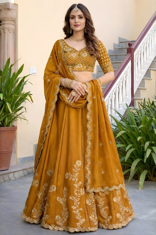 Fancy Mustard Yellow Rangoli Silk Embroidered Lehenga Choli Set with Dupatta for Women