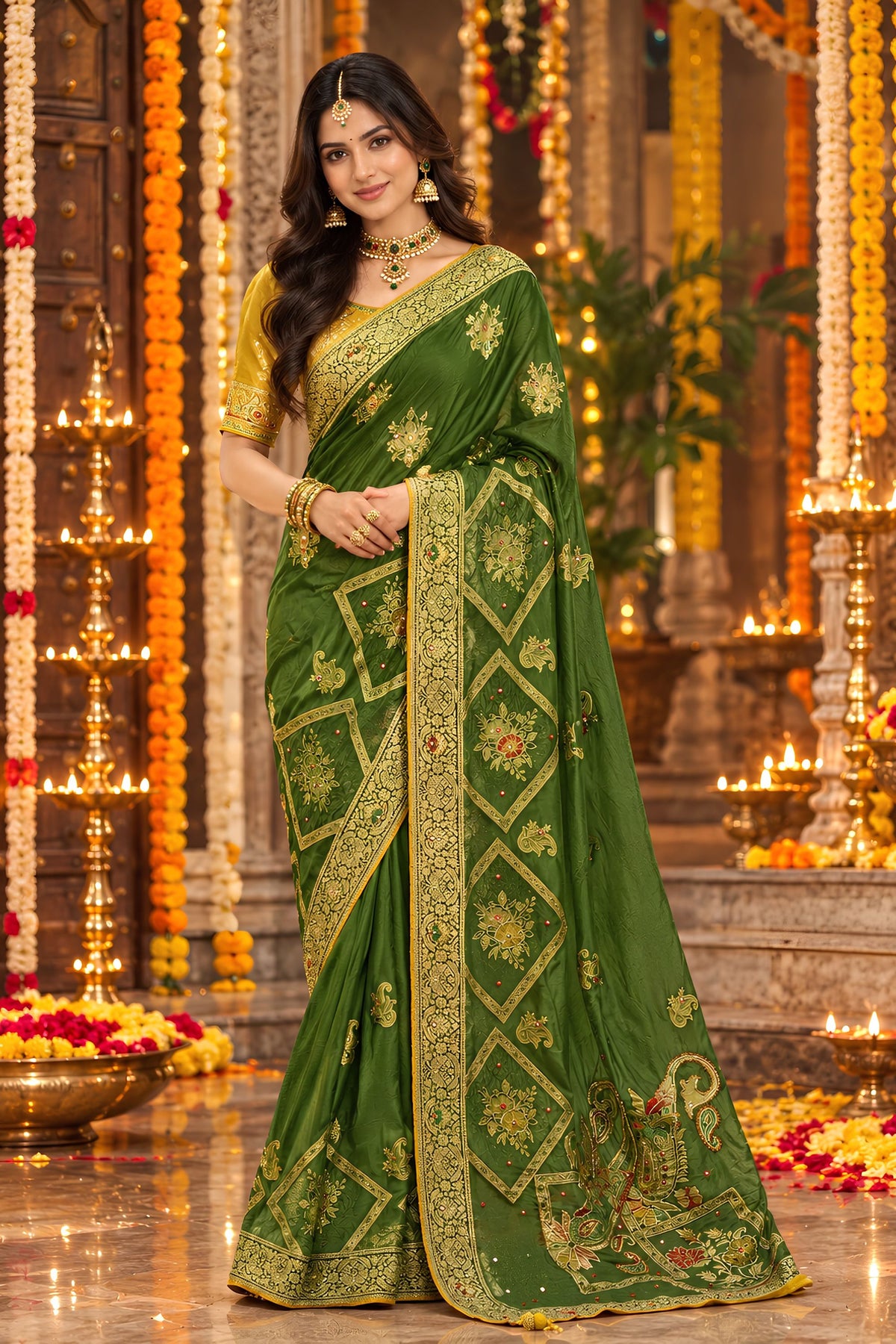 Magnificent Dark Green Dola Silk Saree Handwork Cut Dana Work Weaving for Women