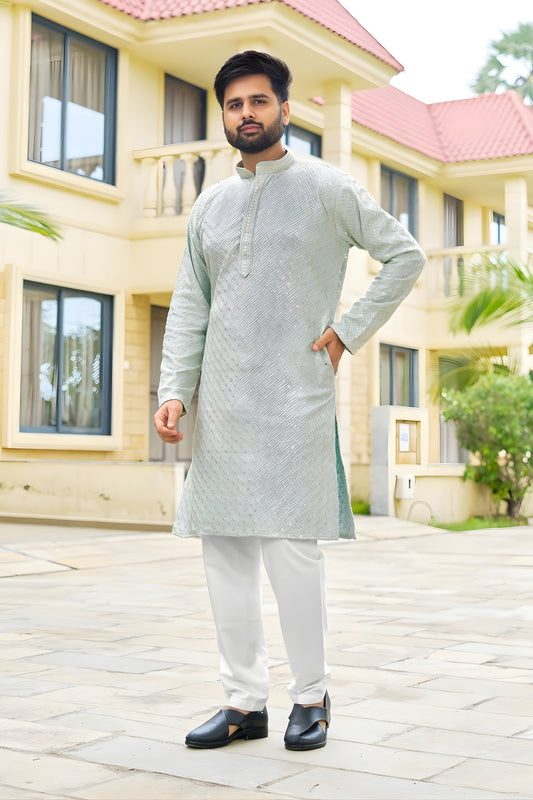 Awesome Light Grey Rayon Embroidery Designer Kurta Pyjama Set for Men for Wedding