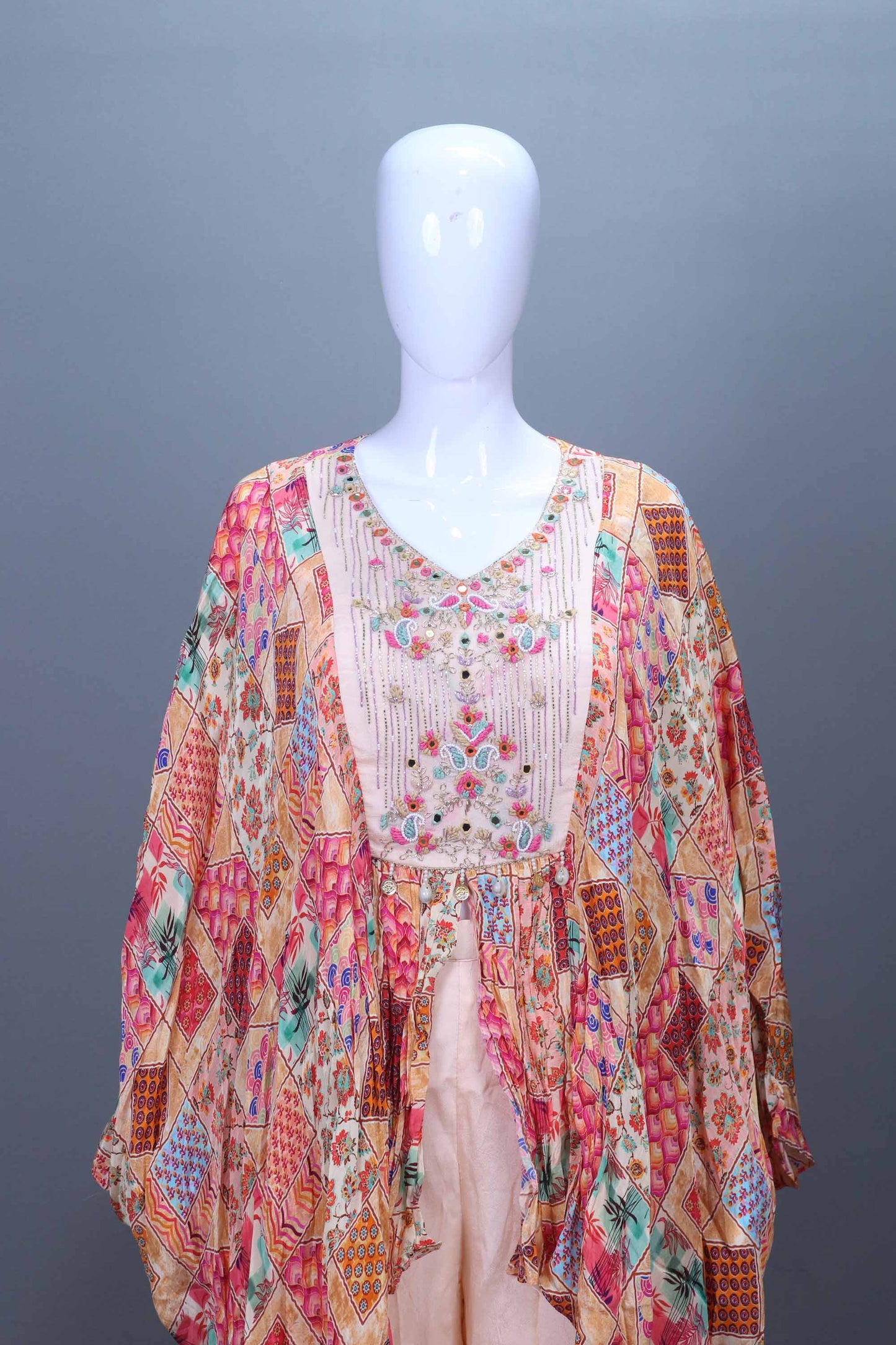 Peach Printed Designer Cape Style Sharara Set with Embroidered Kurti