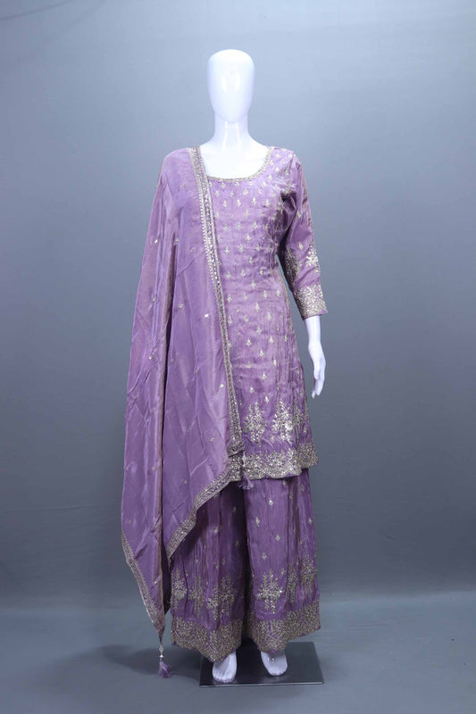 Designer Lavender Embroidered Kurta Sharara Set with Dupatta Party Wear