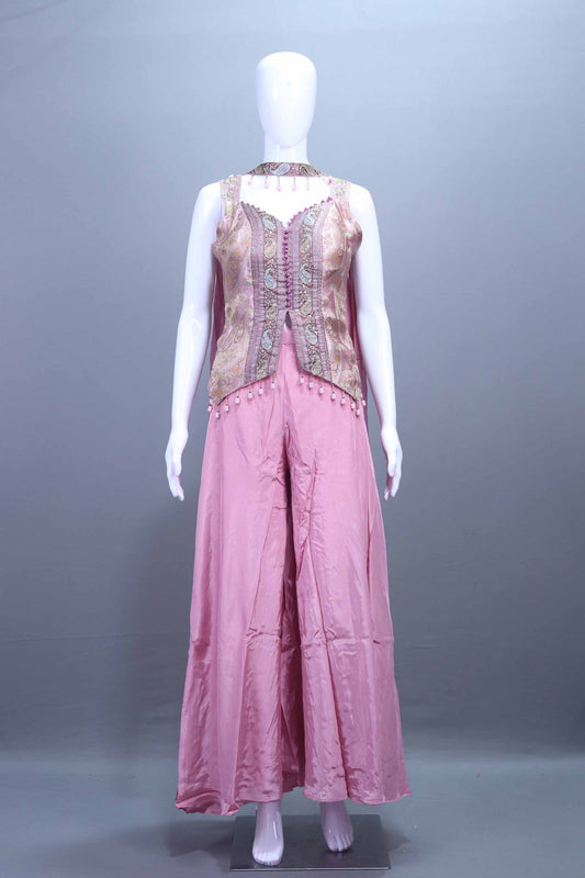 Pink Crop Top and Palazzo Set with Embroidered Jacket