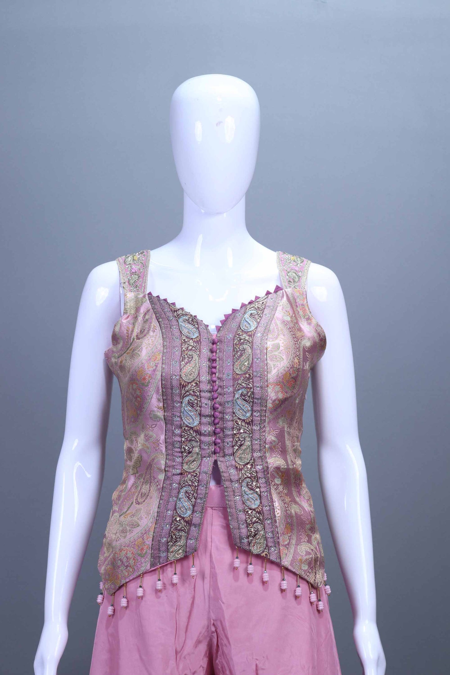 Pink Crop Top and Palazzo Set with Embroidered Jacket