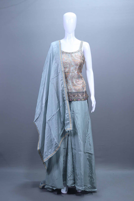Pastel Green Printed Crop Top with Flared Palazzo Dupatta Set