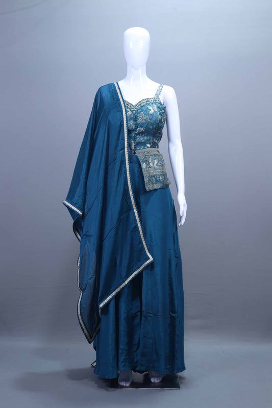 Teal Embroidered Crop Top, Palazzo Dupatta Set Festive Wear Outfit