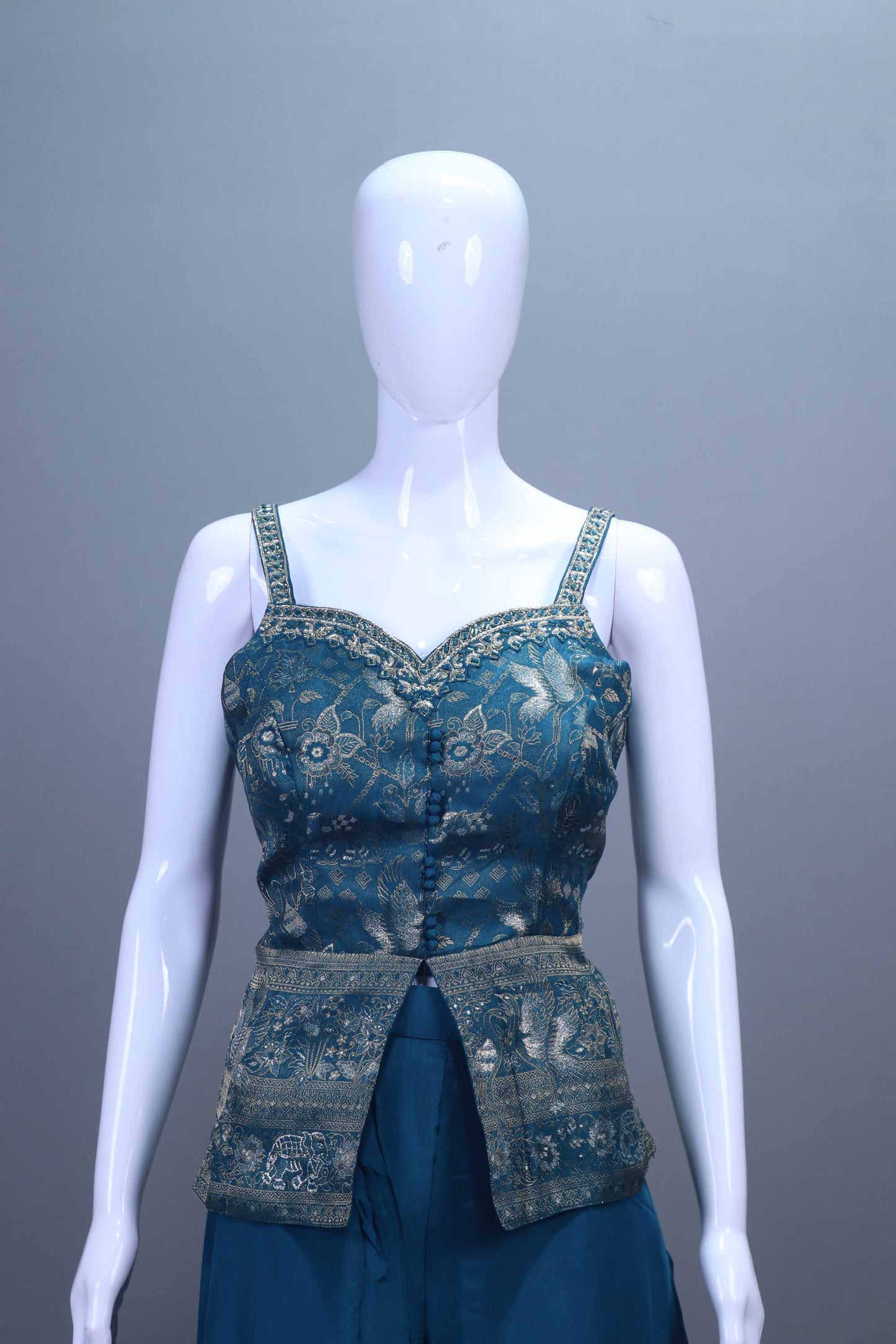 Teal Embroidered Crop Top, Palazzo Dupatta Set Festive Wear Outfit