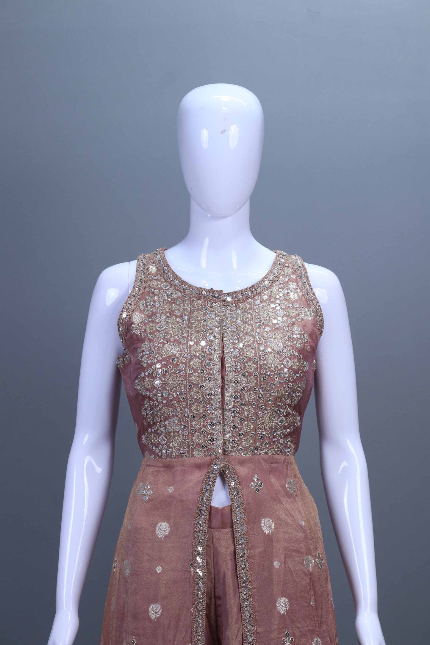 Dusty Rose Embroidered Silk Sharara Set with Long Jacket Dupatta