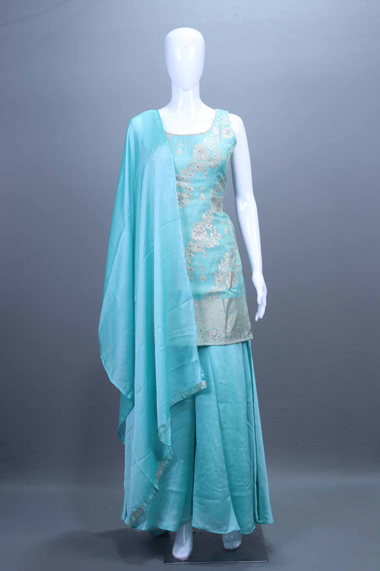 Turquoise Embroidered Kurta Sharara Set with Dupatta Festive Wear