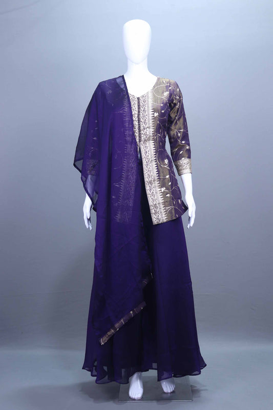 Purple Embroidered Ethnic Kurta Skirt Suit Set with Dupatta