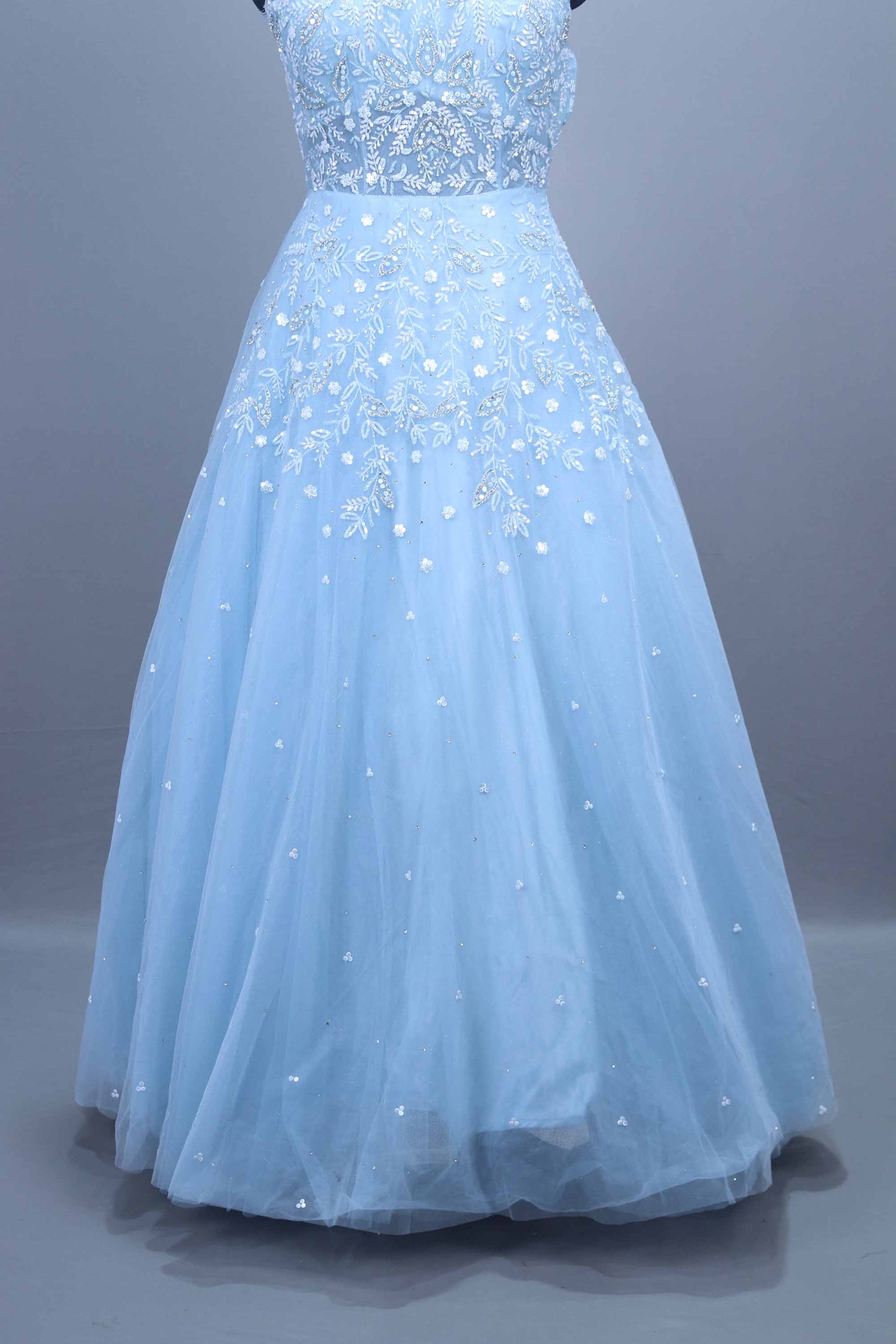 Light Blue Embroidered Net Ball Sequins Party Wear Gown