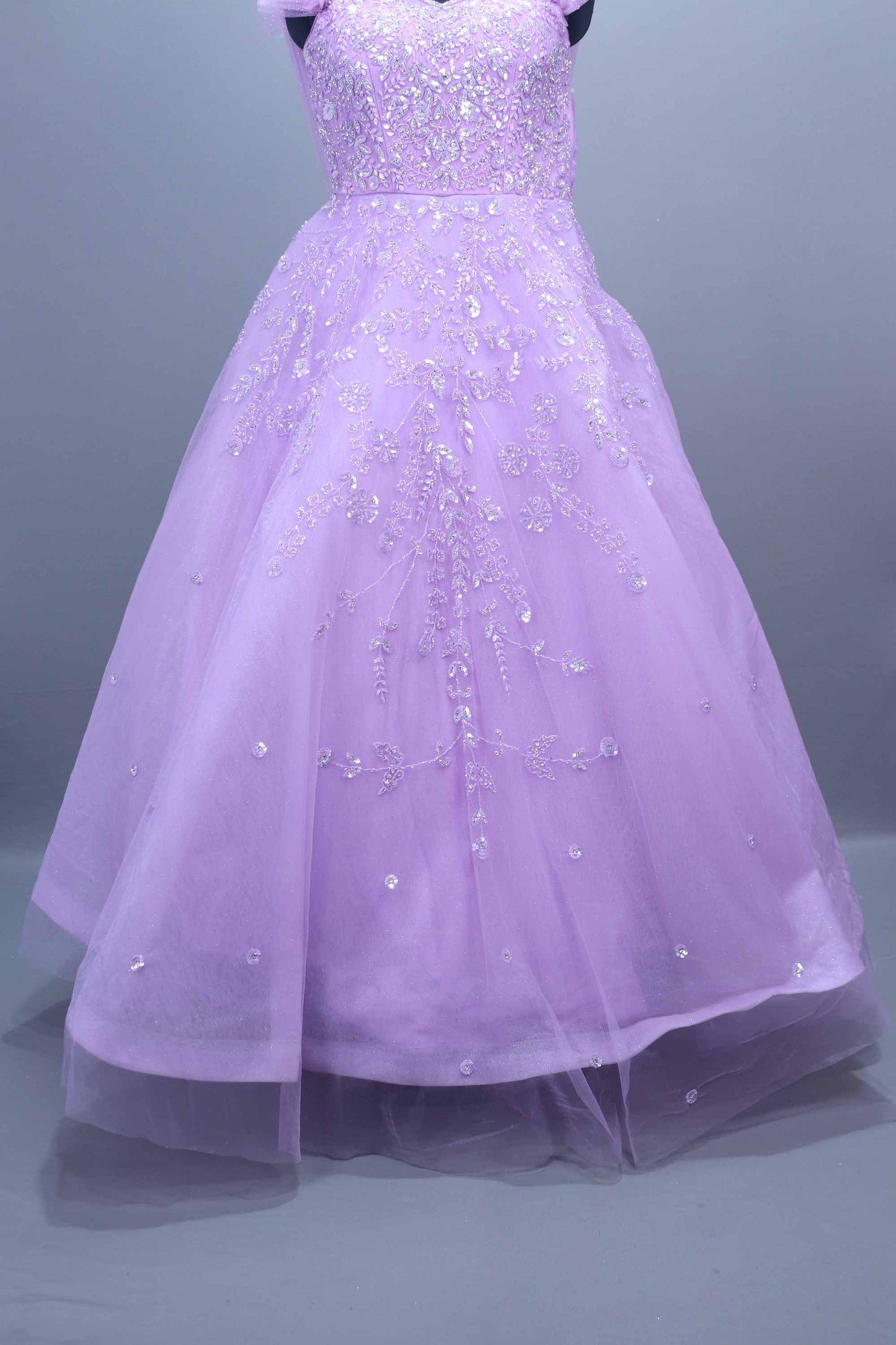 Lavender Heavy Net Gown Mirror Work Party Wear Ball Gown