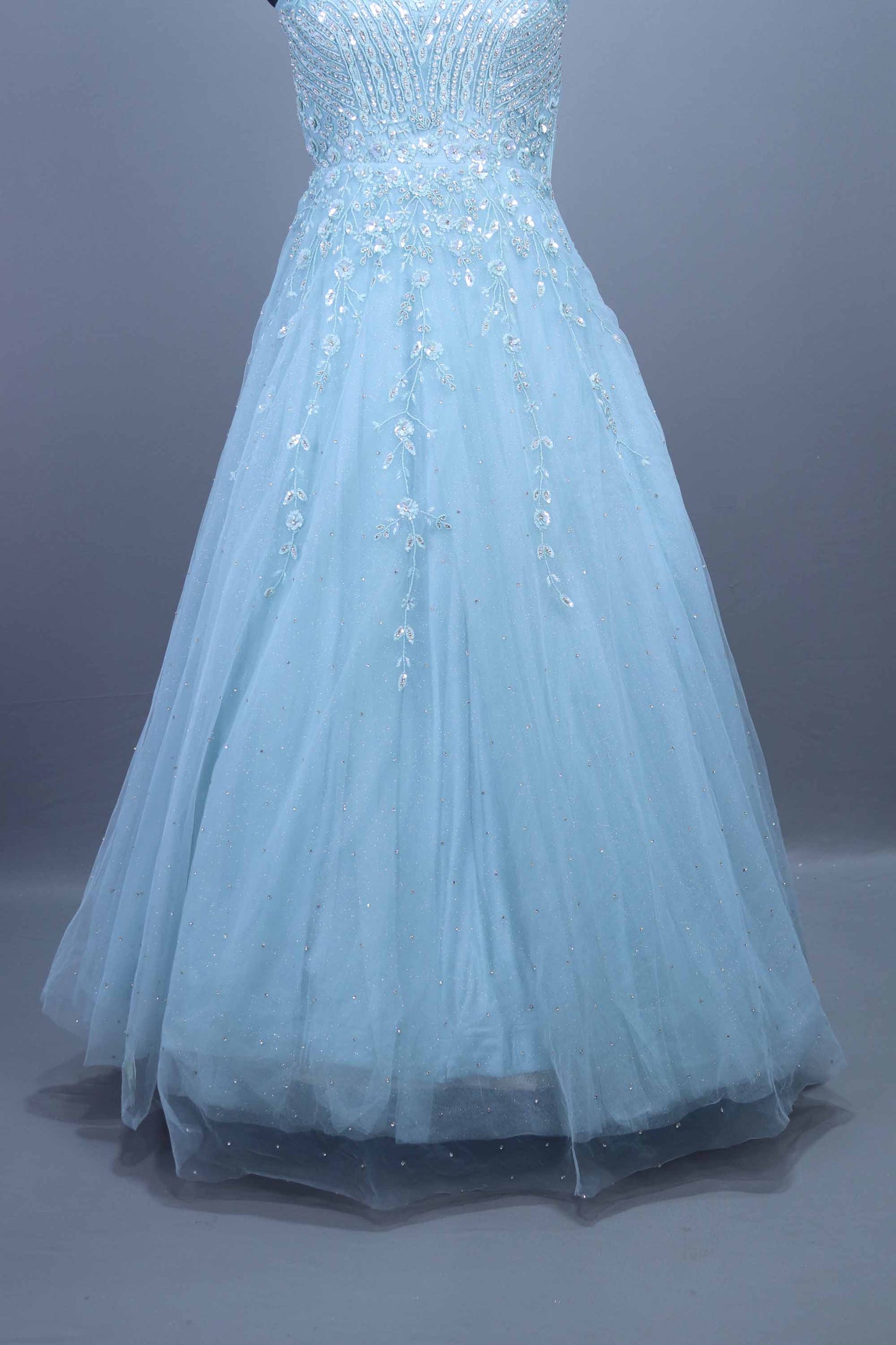 Sky Blue Heavy Net Gown Sequins Party Wear Ball Gown
