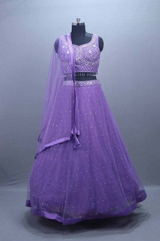 Purple Net Embellished Lehenga Choli Matching Dupatta