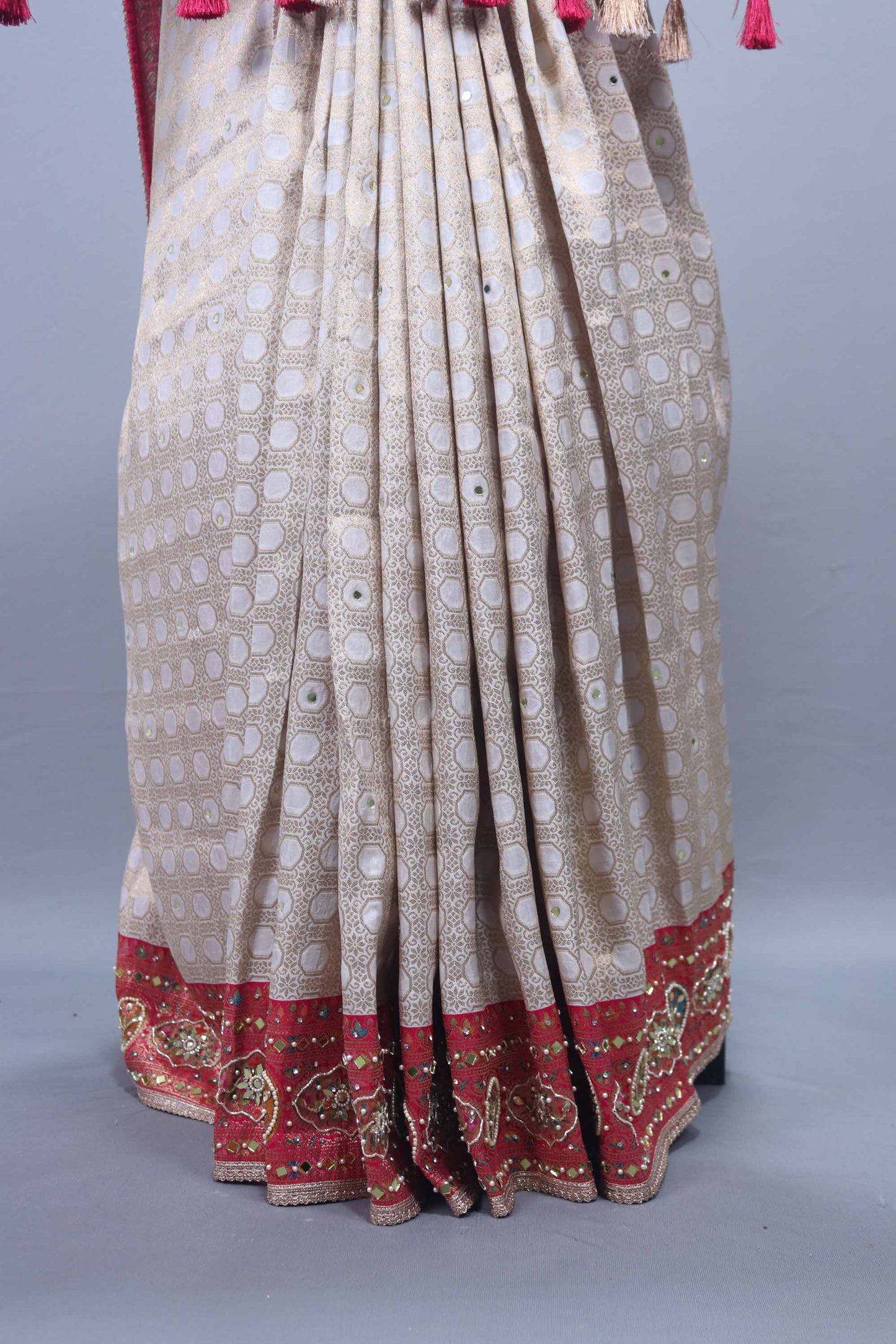Beige Red Designer Silk Saree with Heavy Pallu Festive Wear