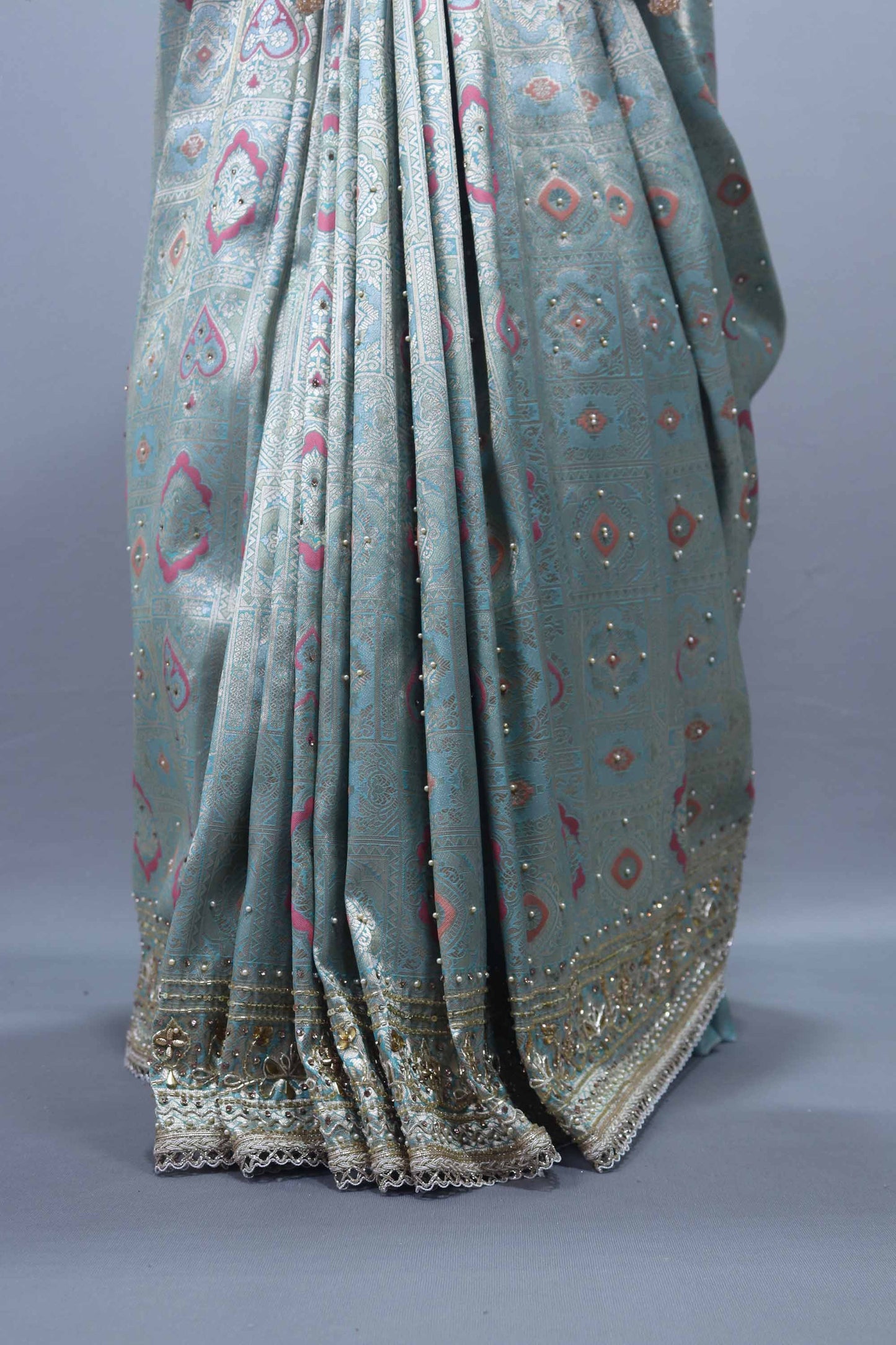 Sea Green Designer Silk Saree with Heavy Pallu, Mirror Work