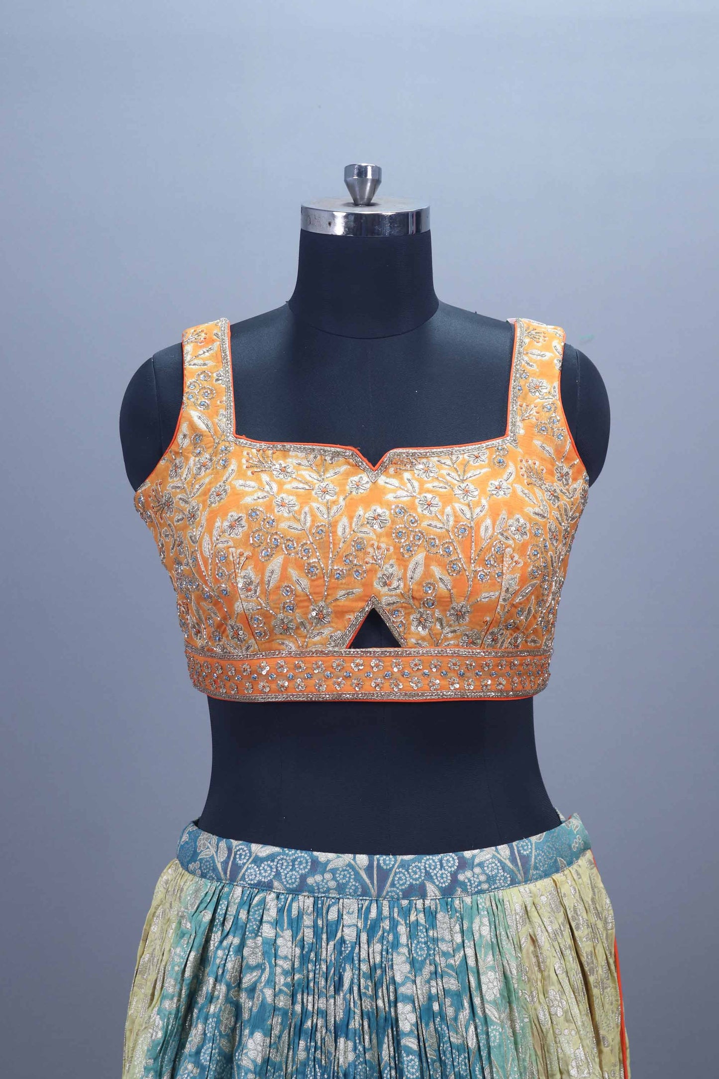 Multicolor Printed Silk Lehenga Choli with Orange Embroidered Blouse Dupatta