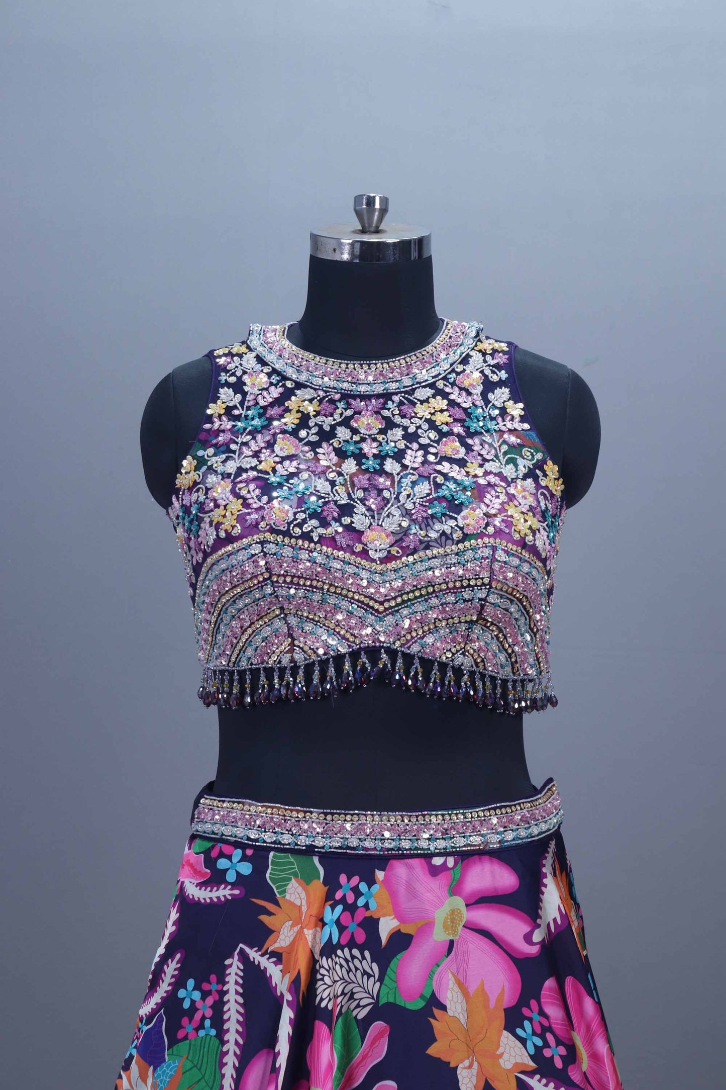 Navy Blue Printed Lehenga Choli with Embroidered Blouse Net Dupatta