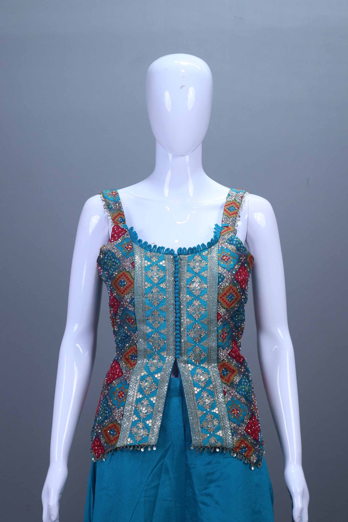 Teal Blue Embroidered Silk Palazzo Set with Sleeveless Jacket Party Wear