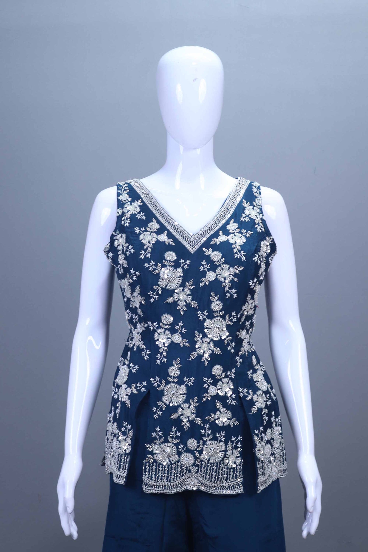 Navy Blue Silk Palazzo Set with Sleeveless Kurti Dupatta