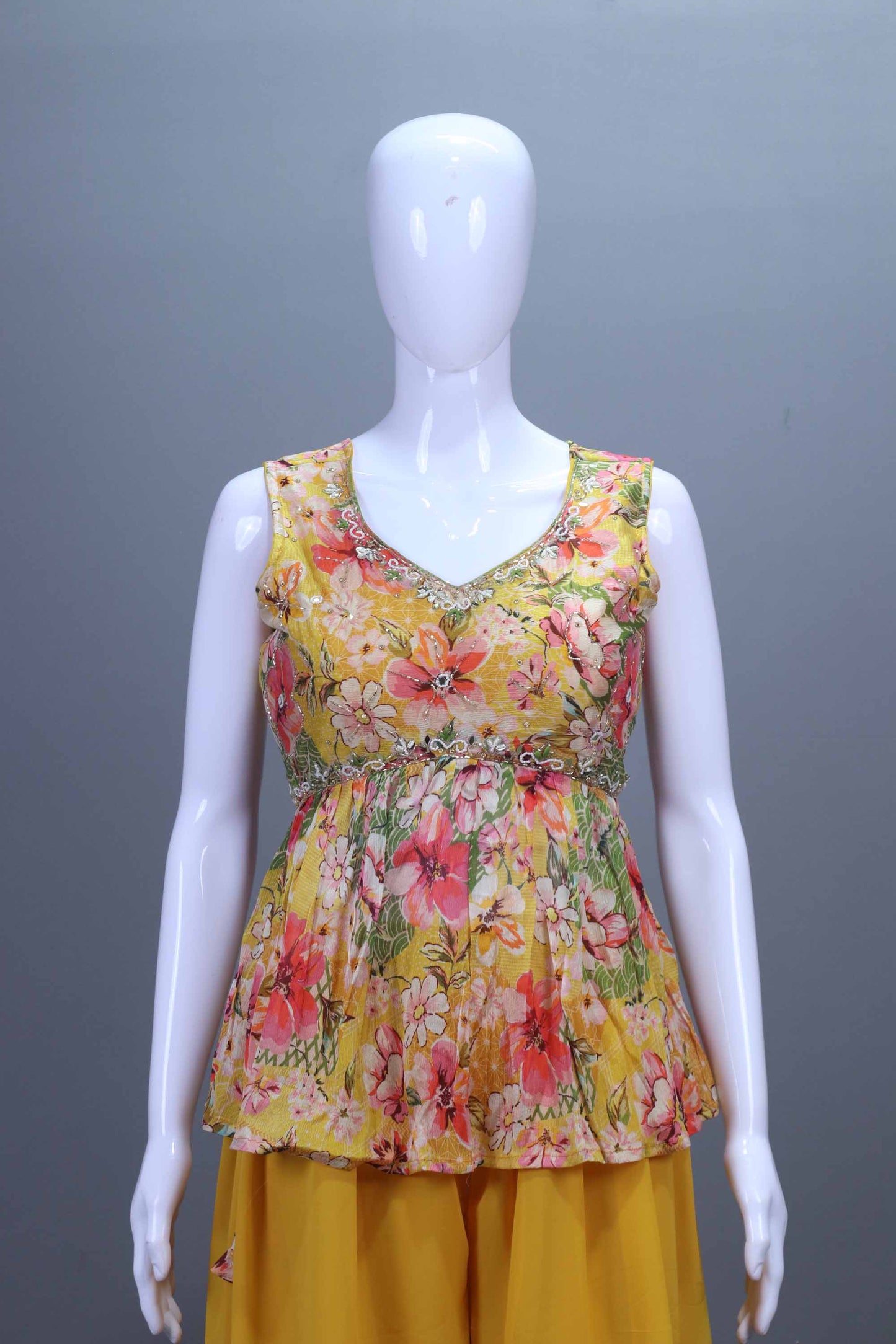 Yellow Floral Printed Georgette Palazzo Set with Sleeveless Kurti Dupatta
