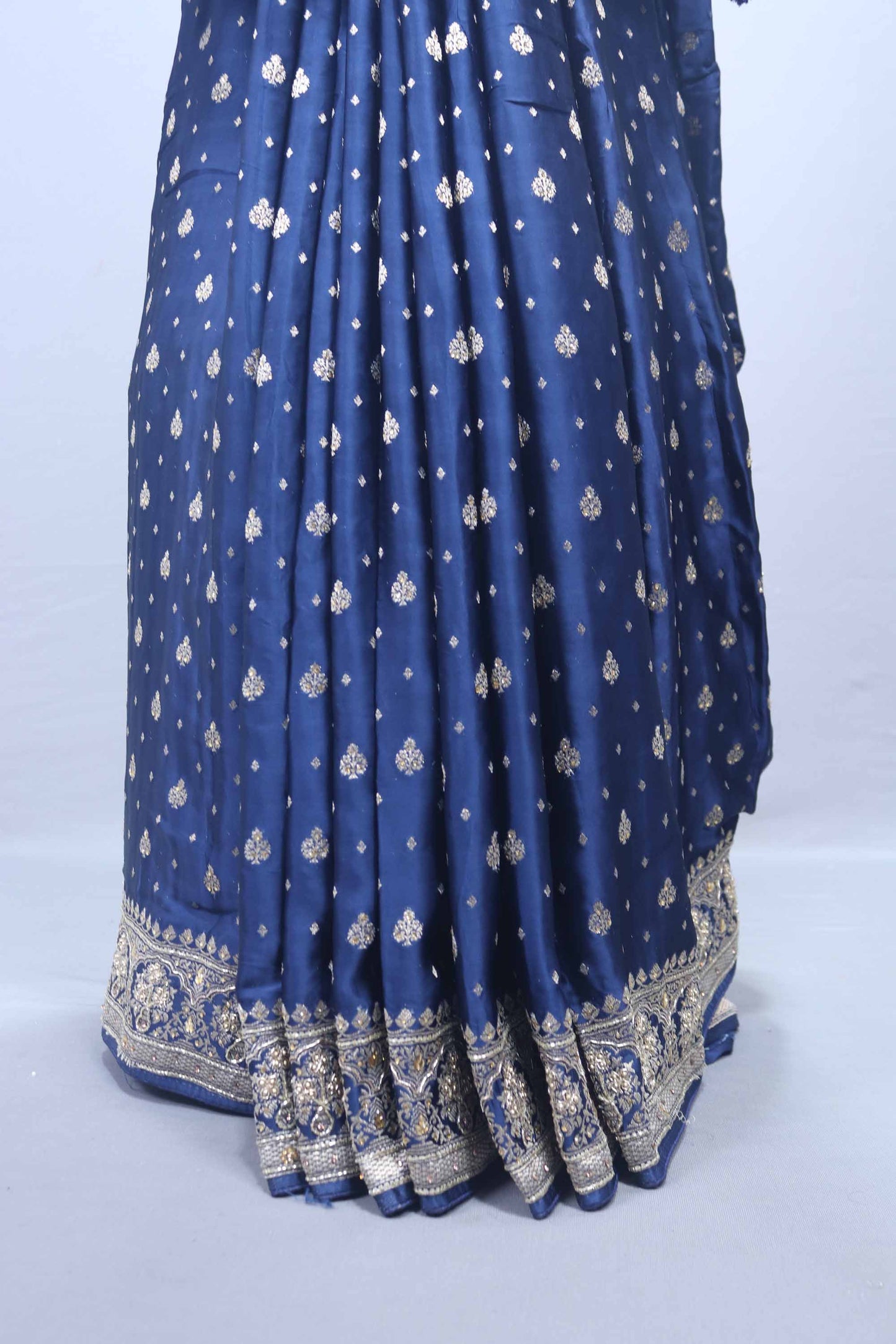 Navy Blue Embroidered Saree with Heavy Silver Border Tassel Pallu