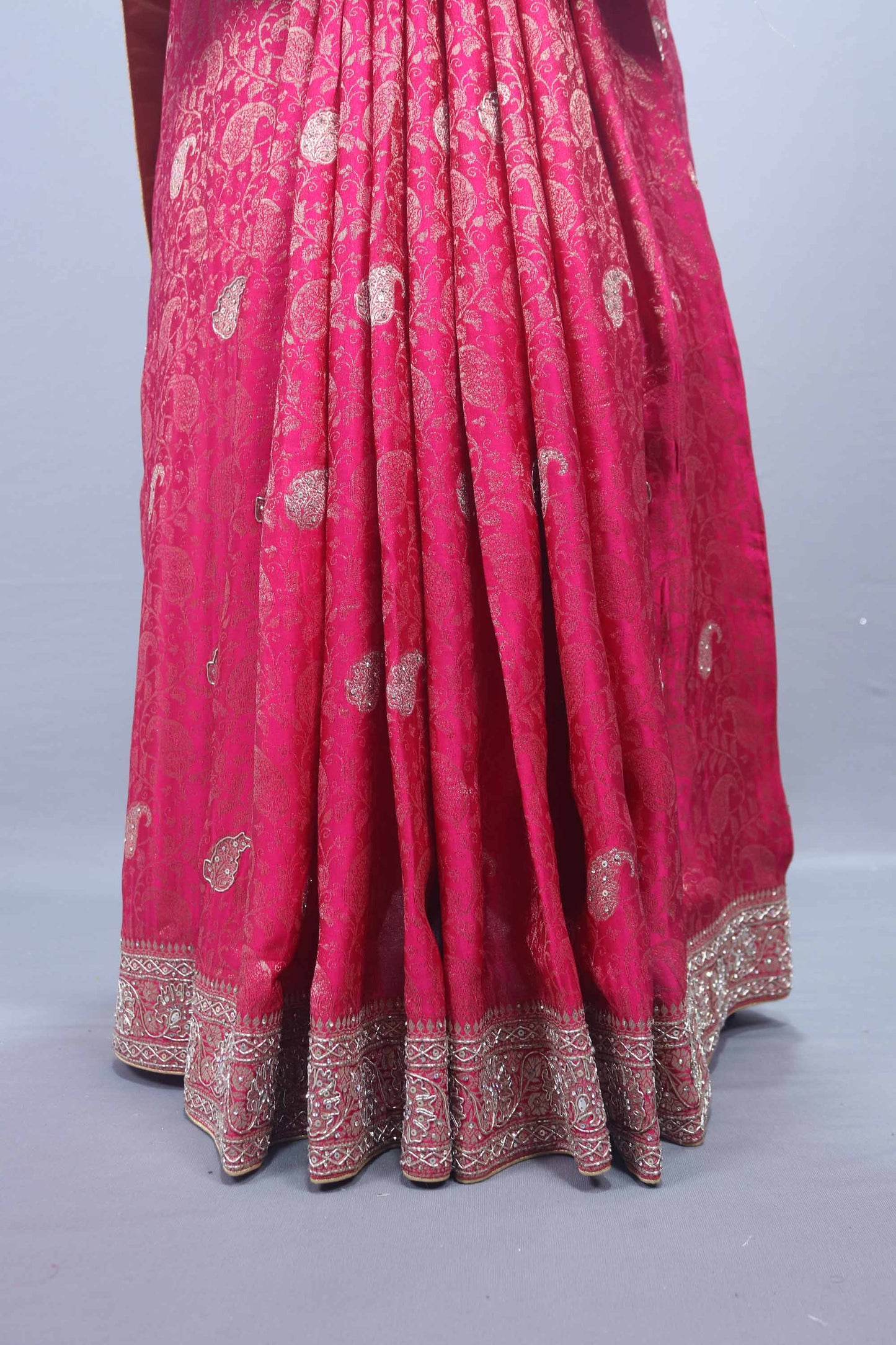 Rani Pink Embroidered Saree with Heavy Silver Border Tassel Pallu