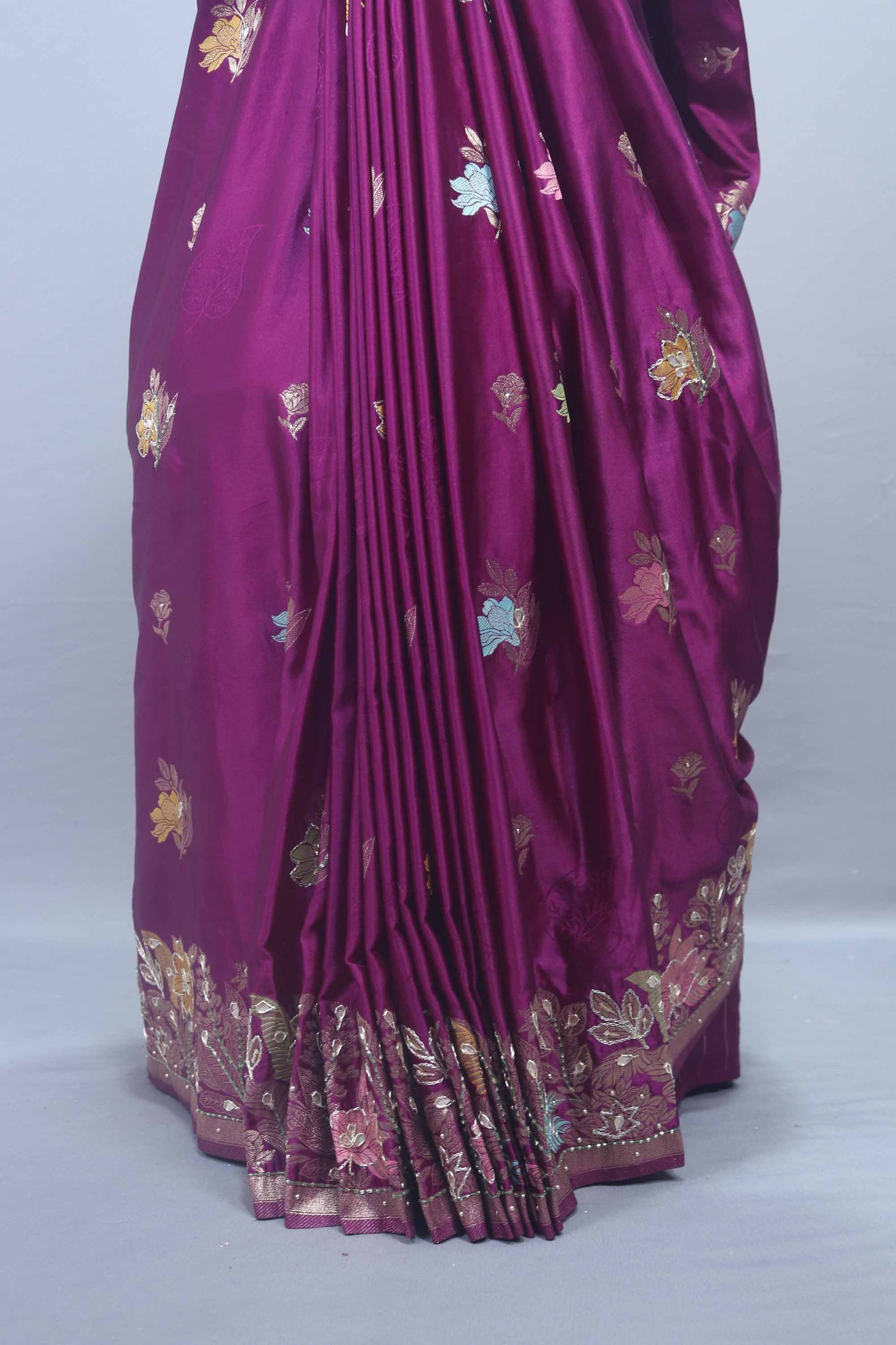 Magenta Banarasi Silk Saree with Multicolour Floral Zari Rich Designer Pallu