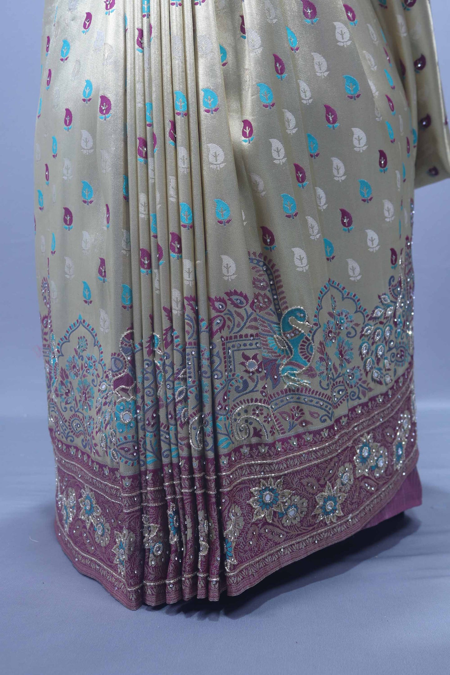 Cream Banarasi Silk Saree with Pink Zari Heavy Designer Pallu