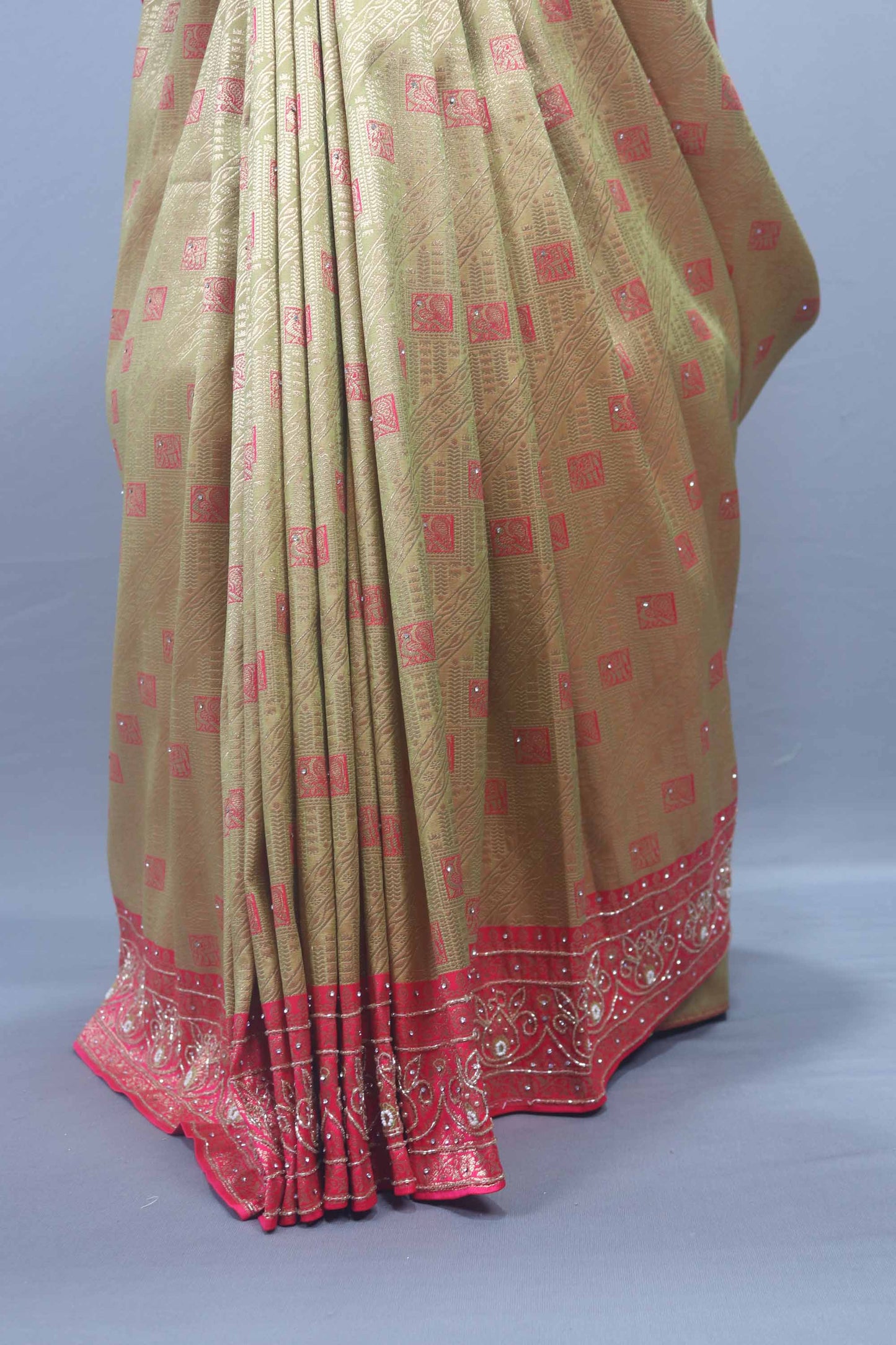 Olive Green Rani Pink Banarasi Silk Saree with Heavy Zari Border