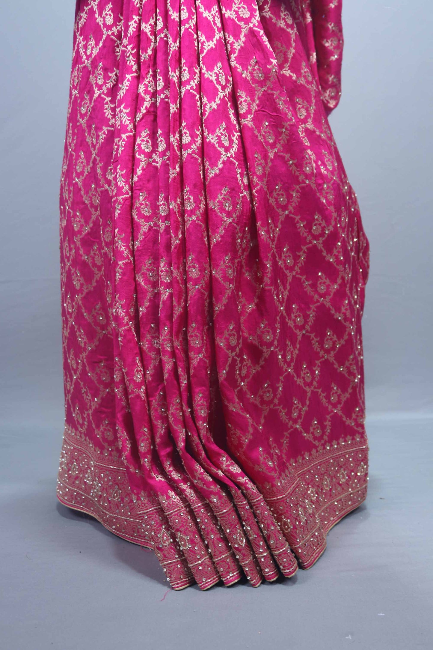 Rani Pink Banarasi Silk Saree with Heavy Gold Zari Woven Border