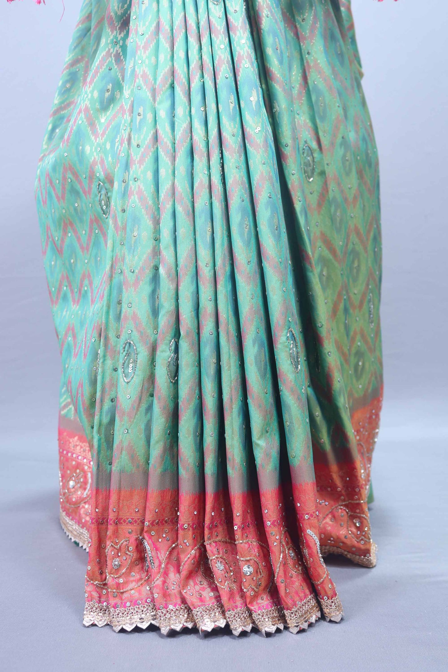 Sea Green and Coral Silk Saree with Mirror Heavy Border