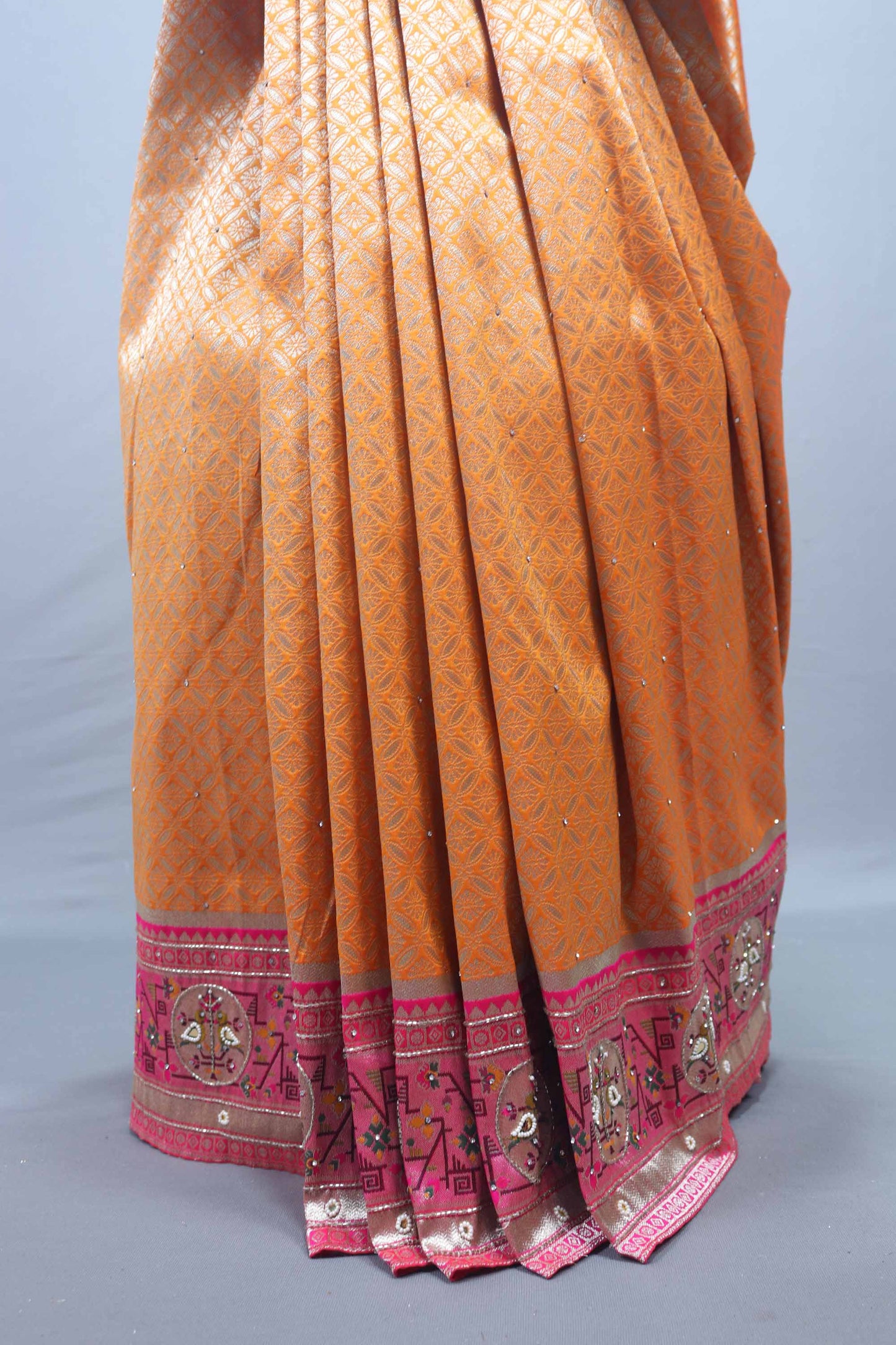 Orange Traditional Silk Saree with Pink Embroidered Border